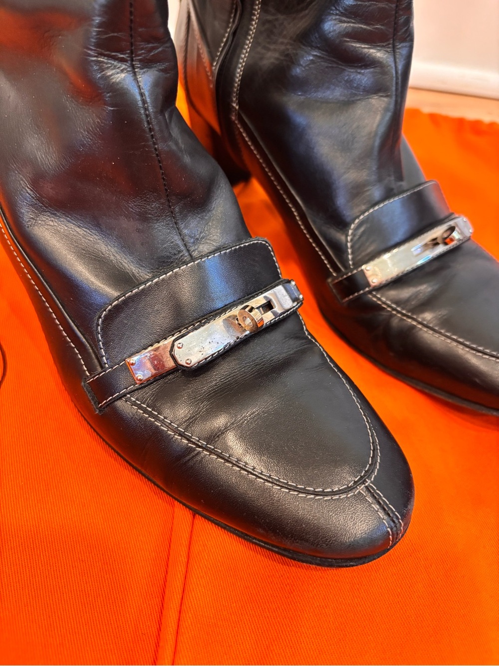 Hermes black leather tall boots with silver colored buckle detail size EU 39 - Picture 2 of 16